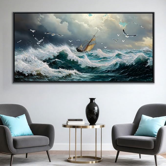 YDYSUNE Large Retro Ocean Wall Art, Nautical Sailboat Canvas Painting, Textured Coastal Picture Artwork, Vintage Adventurer Wall Decor Framed for Living Room Bedroom Home 29x58 Inch