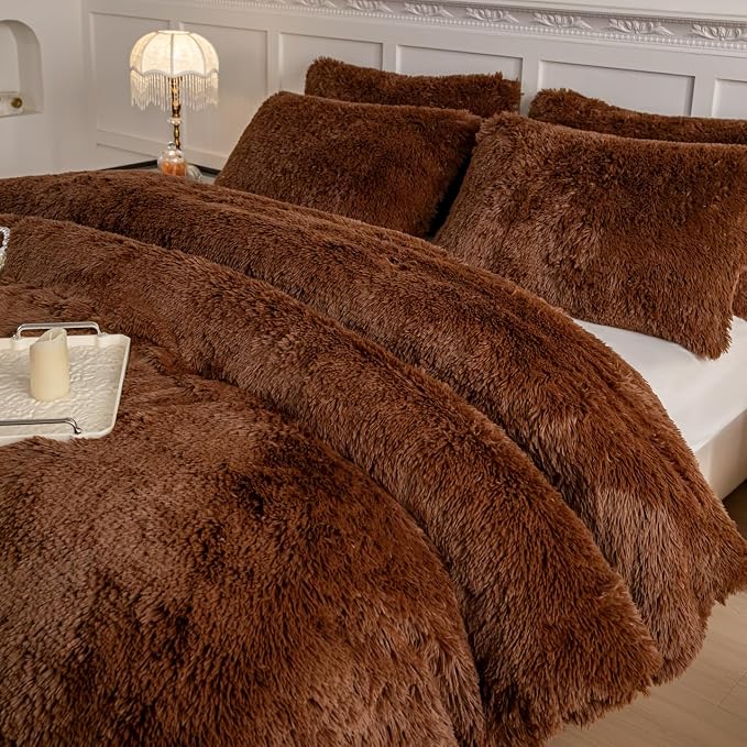 chovy Faux Fur Plush Coffee Comforter Sets King - Ultra Soft Shaggy Flannel Velvet Fluffy Fuzzy 3PC Bedding Set （Comforter x 1 Pillowcases x 2）