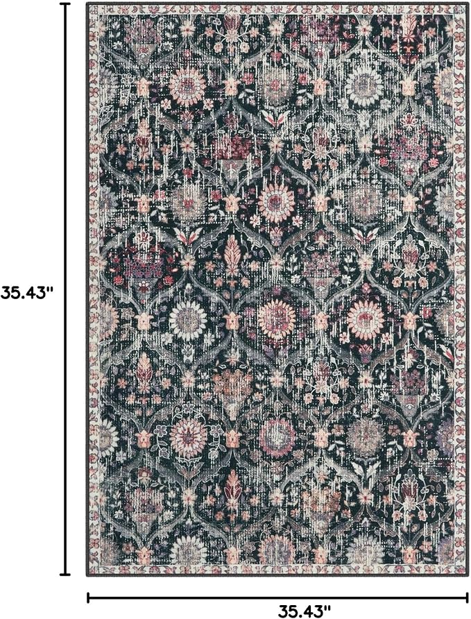 Lahome Moroccan Machine Washable Rugs for Living Room, 4x6 Rug for Bedroom Non-Slip Vintage Trellis Ultra-Thin Throw Carpet for Dining Room Office Nursery Elise, Black/Multi