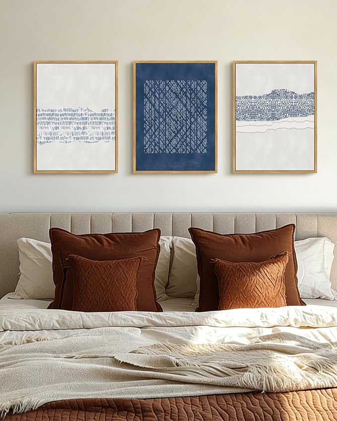PHOPAGO Navy Blue Abstract Framed Wall Art Mid Century Minimalist Wooden Pastel Boho Wall Decor Modern Neutral Farmhouse Living Laundry Decor- 12x16in Natural Framed