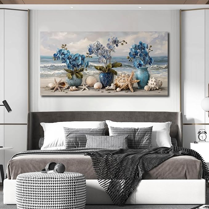 AOZEMI Vase Wall Art Large Seascape Wall Decor Beach Canvas Art Coastal Ocean Pictures Flower Poster Starfish Conch Shell Print Art for Bedroom Bathroom Living Room Office 29"x 59"