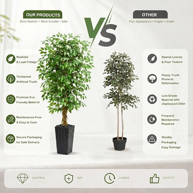 Artificial Ficus Tree 5FT Faux Floor Tree with Planter UV Resistant Potted Fake Silk Plant - Faux Trees Indoor Outdoor Lifelike Fake Ficus Tree for Home, Living Room Bedroom Topiary Tree