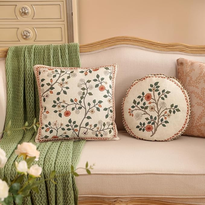 ISAENNE Designer Elegant Vintage Linen Throw Pillow Cover,18"x18"-Flora A | French Square Decor Pillow Cover,Concealed Zipper Design,Floral Pattern,Sofa,Bedroom,Living Room,Lounge Chairs
