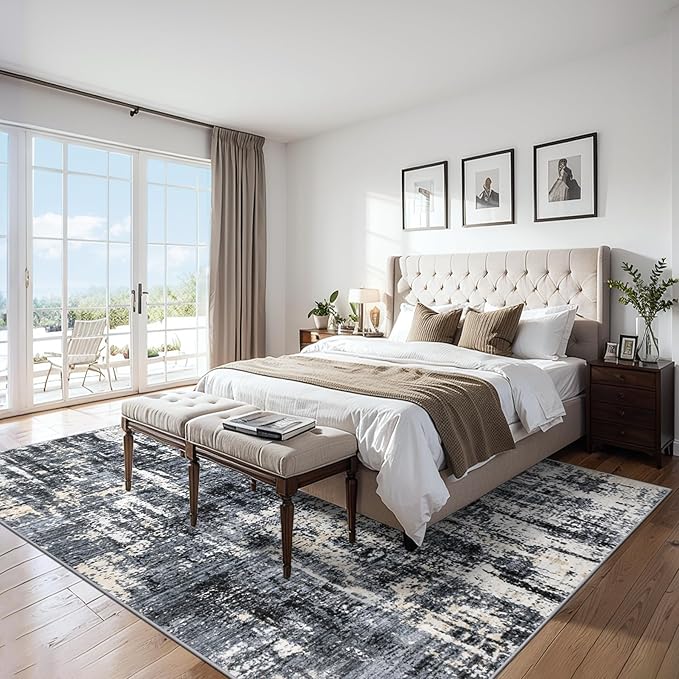 Area Rugs 9x12 Living Room - Washable Rug Modern Abstract Soft Large Neutral Non-Slip Carpet Indoor Floor Thin Carpets for Bedroom Dining Room Farmhouse Nursery Home Office Black Gold
