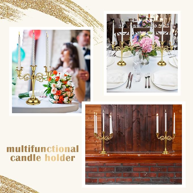 Dandat 3 Pcs 5 Arm Metal Candelabra 10.24 Inch Tall Candlestick Holders Gothic Candle Holder for Home Wedding Church Halloween Theme Party Table Centerpieces(Gold)