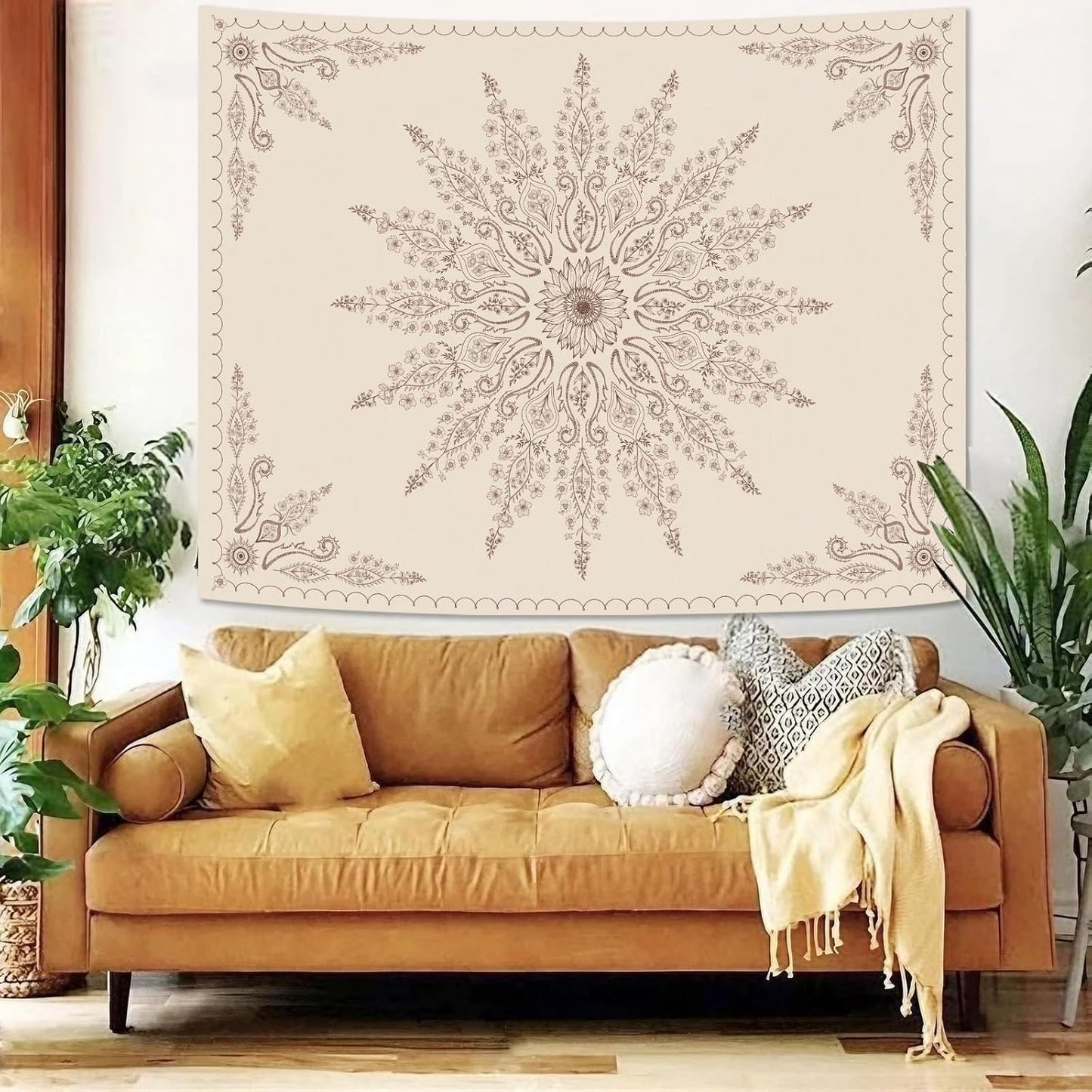 Fowocu Boho Floral Mandala Tapestry for Bedroom Aesthetic Bohemian Flower Wall Tapestry Beige Hippie Indian Small Tapestries Wall Hanging for Living Room Dorm Decor 40 x 30 Inch