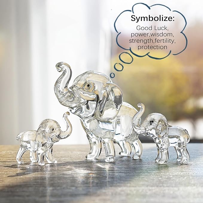 HDCRYSTALGIFTS Set of 3, Crystal Elephant Figurines Collectible Lucky Glass Animals Paperweight Ornament Home Decor Table Centerpiece Gift (3.5'' Mother and 2'' Two Babies)