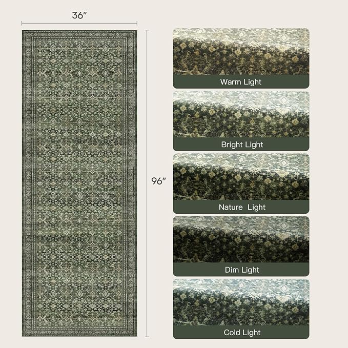 Lofus 3' X 8' Area Rug for Hallways,Green Washable Runner Rugs with Non Slip Rubber Backing, Low Pile Soft Carpet Runner for Kitchen Bathroom Bedroom Laundry