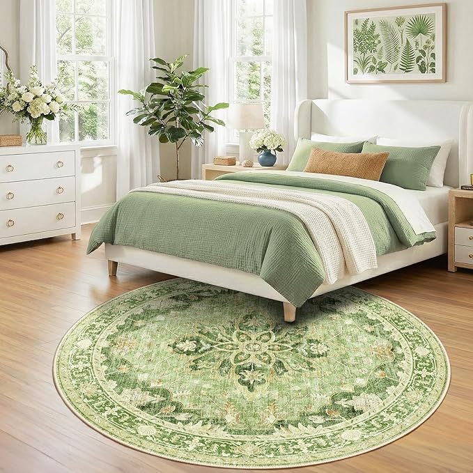 RELEANY Area Rugs 7ft Washable Non-Slip, Floral Vintage Distress Print Pattern Medallion Carpet for Living Room Bedroom Dining Room, Sage Green Yellow