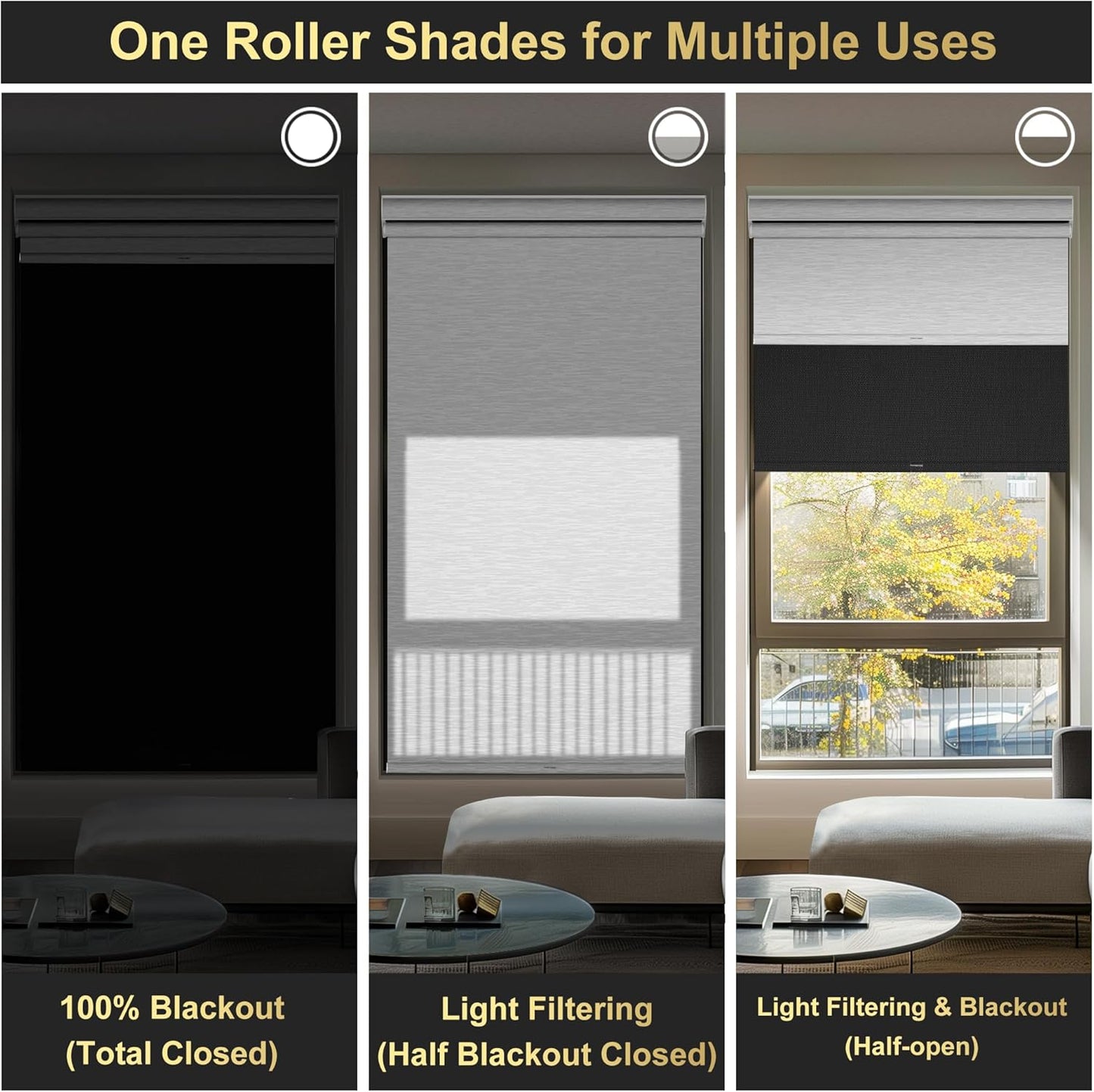 BERISSA Dual Roller Shades with Cassette Valance, Double Blackout & Light Filtering Shades, Day & Night for Home Office Door. Linen Black & White. 72 W x 56" H