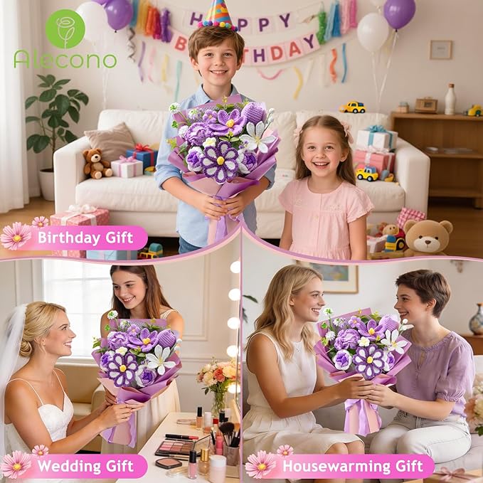 Alecono Large Crochet Flower Bouquet, Knitted Artificial Flowers, Crochet Tulip as a Gift for Valentines Day Mothers Day, Graduation Gifts for Girls Women (Purple)