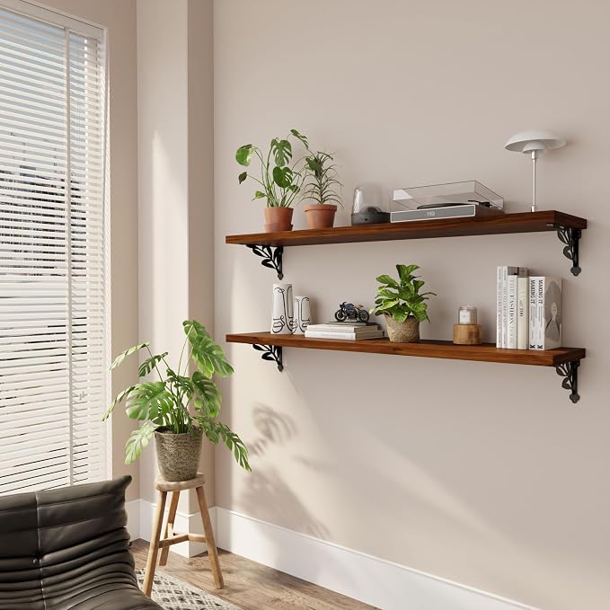 48 Inch 2 Tier Solid Wood Floating Shelves for Wall with Metal Brackets | 48 inch solid pine shelves, 2 tier, walnut finish, metal brackets for books, decor and home storage