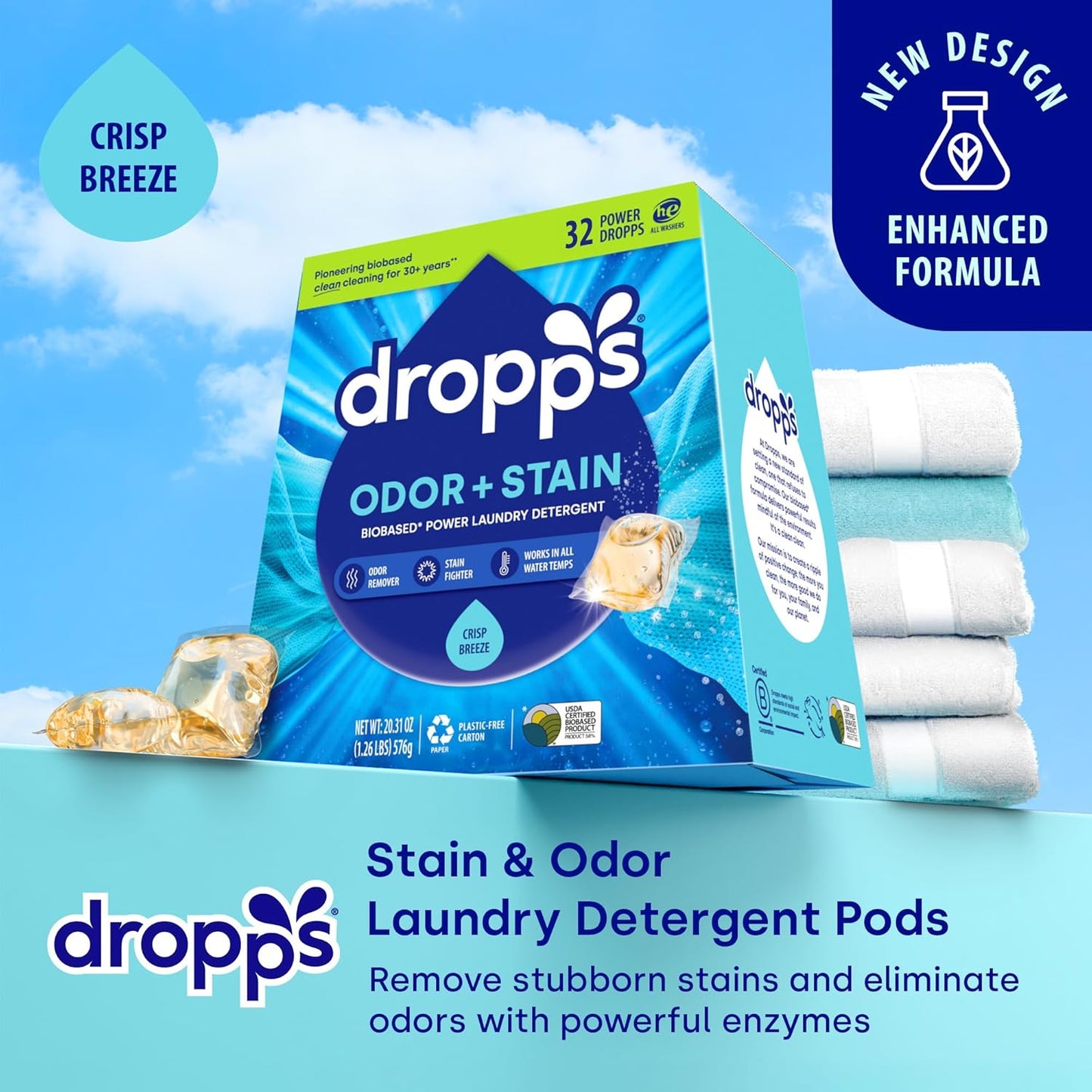 Dropps Odor & Stain Biobased Power Laundry Detergent Pods, Crisp Breeze (32 Pods) - HE Compatible Laundry Pods for Fresh Clothes - Laundry Soap Supplies & Recyclable Paperboard Packaging