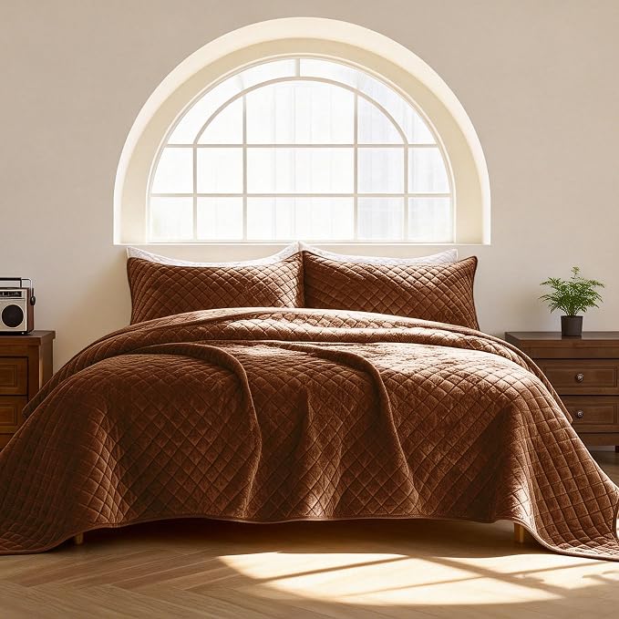 3-Piece Velvet Quilt Set Oversized King Size 120"x120" Bed Blanket Quilted Bedspread Soft Luxury Bedding with 2 Pillow Shams 20''x36'' for All-Season,Caramel