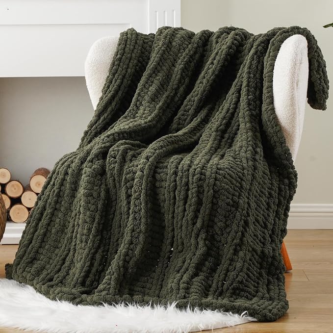 Battilo Chunky Knit Throw Blanket for Couch, 50"x60", Olive Green | Hand Knit, Gift Blanket, Cozy Warm Thick Soft Chenille Throw Blanket for Bed, Sofa, Living Room