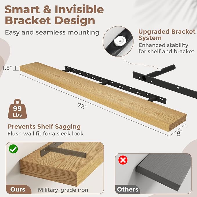 72 Inch Floating Shelves for Wall, 8"D Wood Storage Shelves, Oak Finish | Engineered Wood, Invisible Bracket, Large Storage, Easy Install, Hold Up to 99lbs, Living Room, Bathroom, Bedroom, Kitchen
