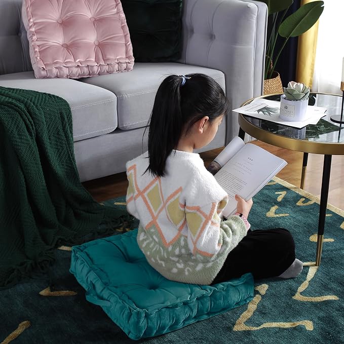 vctops Square Solid Color Velvet Seat Cushion with Handle Tufted Thicken Chair Pad Tatami Floor Pillow Cushion 16.5"x16.5"x4" Blue