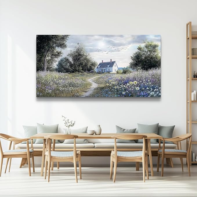 KELIYUAN Wall Art For Living Room Large Wall Decor Canvas Painting Retro Pastoral Flower Sea Landscape Painting Farmhouse Office Bedroom Artwork Picture For Print For Home Decoration 24x48 Inches
