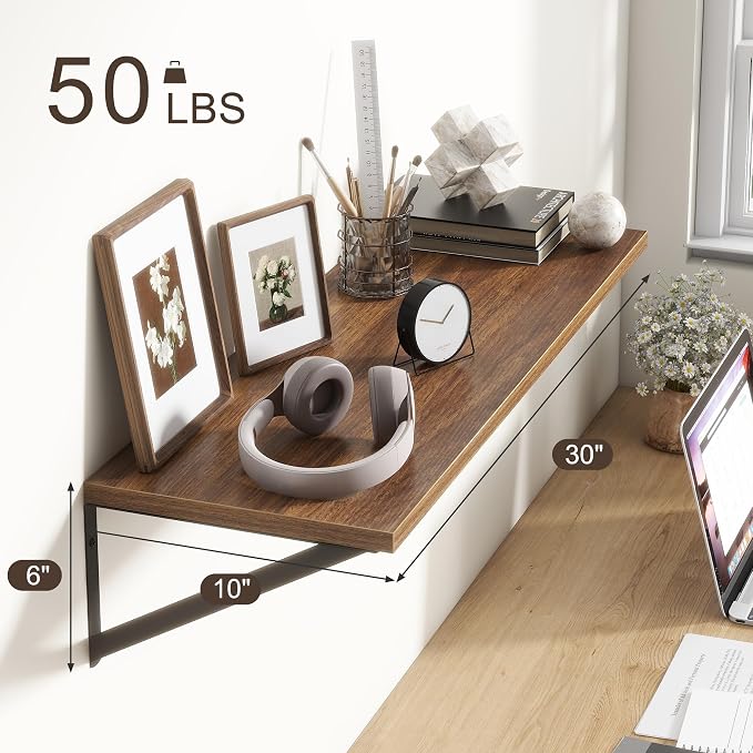 10 Inch Deep Floating Shelves, Walnut Floating Shelves 30 Inch Long, Rustic Wood Wall Shelves 30"W x 10"D, Deep Floating Shelf with Bracket, Wide Storage Shelves for Books, Living Room, Bathroom