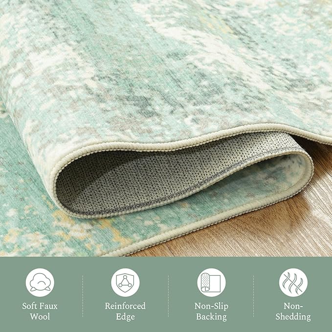 Rugflix 5x7 Area Rugs for Living Room, Washable Large Rug Stain-Resistant Low Pile, Modern Carpet for Dining Room Home Office Kid Room Nursery Bedroom, Light Green