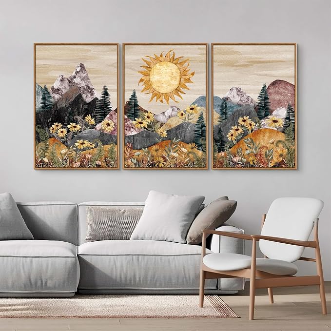 Rantodecor Boho Mountain Framed Canvas Wall Art, Western Daisy Floral Landscape Wall Decor, Rustic Fern Flowers Art Painting, Modern Fantasy Nature Sun Artwork for Bedroom Living Room Office 24"x36"x3