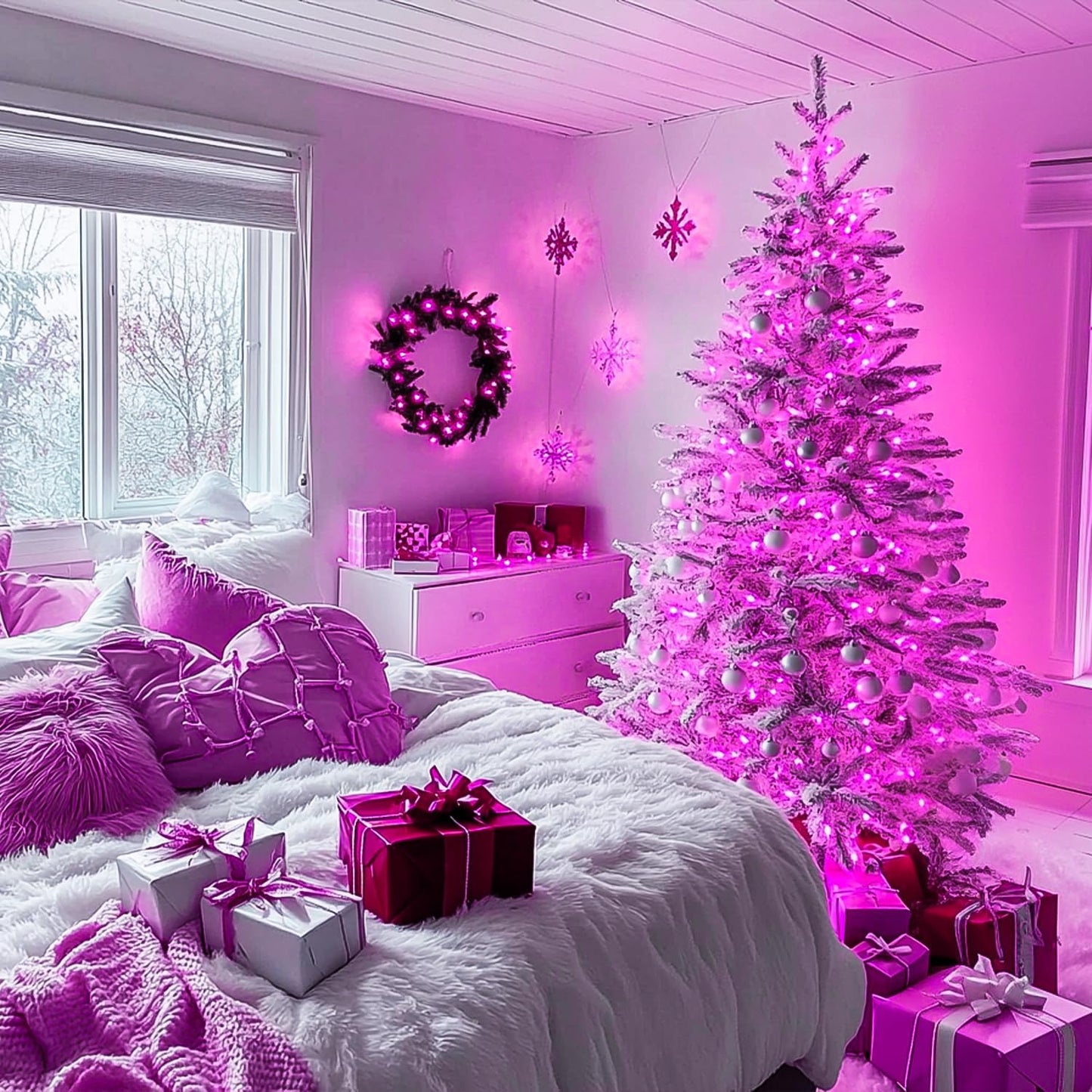 JMEXSUSS Connectable 100 LED Room Lights, 33ft 8 Modes Pink Christmas Lights Clear Wire, Plug in Pink String Lights Indoor Outdoor for Room Decor Christmas Tree Bedroom Valentines Party