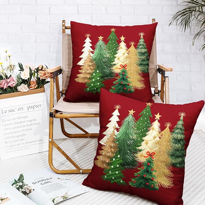 Red Christmas Pillow Covers 16x16 Set of 2 Gold Green Xmas Tree Pillow Case Winter Holiday Throw Pillow Covers Double Sided Printing Decorative Cushion Case for Couch Sofa