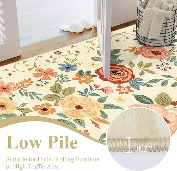 DUKINO 6x9 Area Rug, Floral Rugs for Living Room, Lightweight Non Slip Washable Rug, Indoor Low Pile & Non-Shedding Boho Design Rugs for Bedroom, Living Room, Dining Room, Beige Yellow