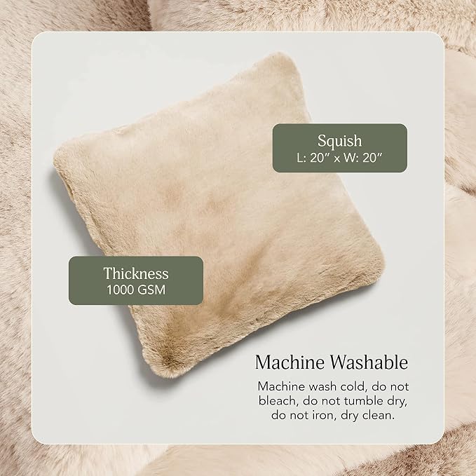 UnHide Squish - Faux Fur Pillow - Extra Soft Throw Pillow - Square Shaped Pillow, Polyester Fill - Machine Washable - Perfect for Living Room, Bedroom, or Guest Room - 20” x 20” - Beige Bear