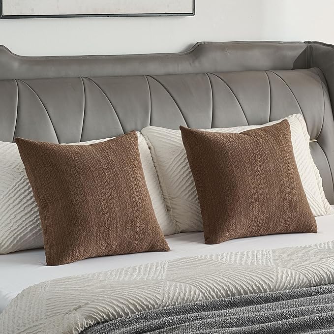 FUTEI Dark Brown Chenille Throw Pillow Covers 12x20 Inch Set of 2,Soft Striped & Diamond Textured Lumbar Pillow Cases,Modern Home Decor for Couch Living Room