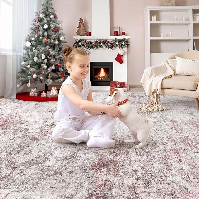 UERMEI 5x7 Area Living Room Rugs - Washable Neutral Modern Abstract Soft Thin Large Rug Indoor Floor No Slip Rug Carpet for Bedroom Under Dining Table Home Office Decor - Pink