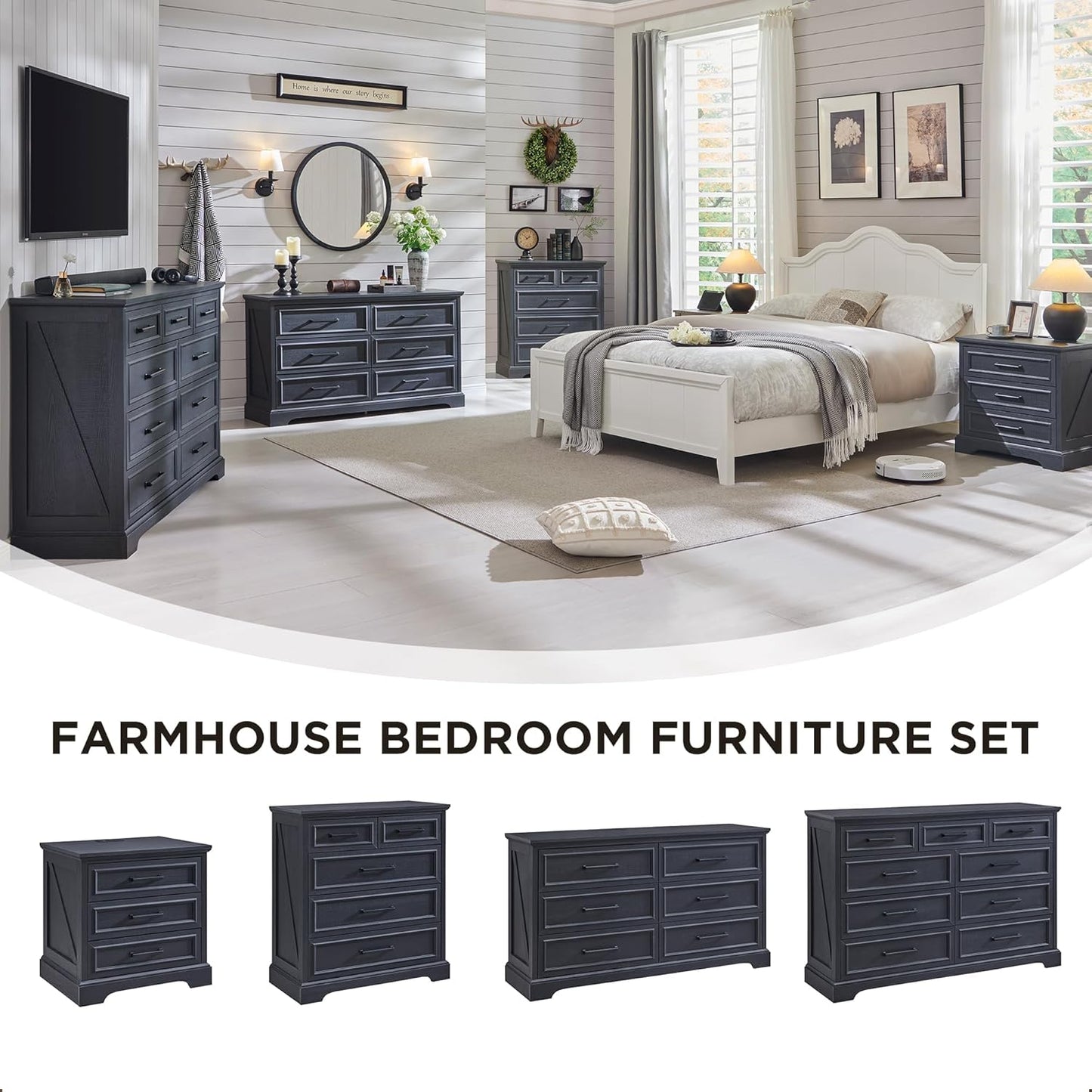 Farmhouse 5 Drawer Dresser for Bedroom, 36 Inch Tall Modern Chest of Drawers, Rustic Wood Storgae Organizer with Large Drawers & Bar Handles for Bedroom, Living Room, Hallway, Black