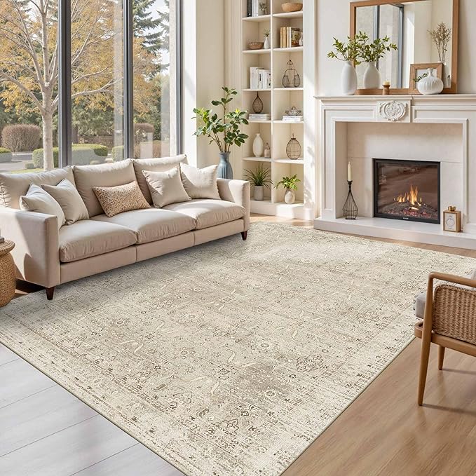 Rugxara 6x9 Area Rugs for Living Room Bedroom, Beige Large Washable Neutral Rug, Vintage Floral Retro Boho Non Slip & Low Pile Carpet for Indoor Dining Room, Classroom, Dorm, Nursery and Kids Room