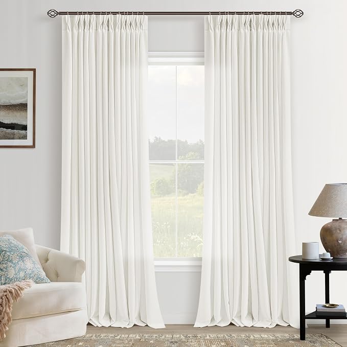 Natural Semi Sheer Linen Pinch Pleated Curtains 108 Inch Long | Ivory Cream, Floor To Ceiling Extra Long, Light Filtering Privacy, Living Room, Burlap Textured, Hook Rings Memory Shape