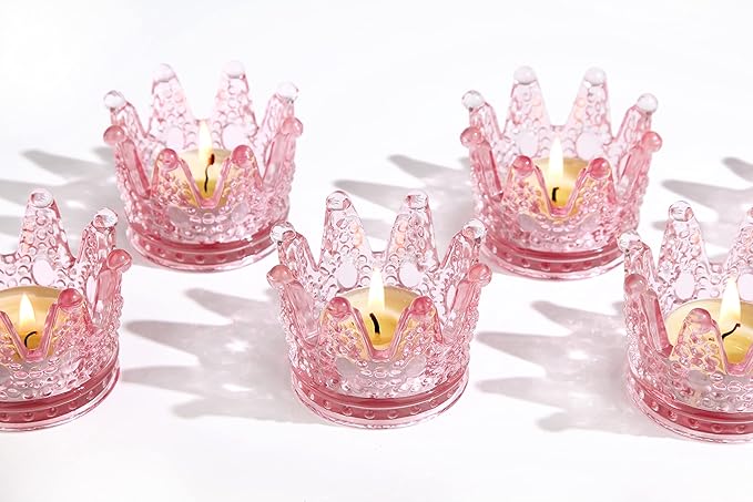 Vixdonos Votive Candle Holders Set of 6 Crown Glass Tealight Candle Holder for Wedding, Party and Home Decor (Pink)