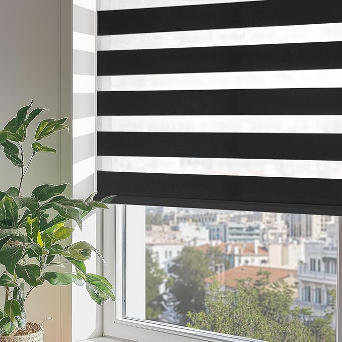ChrisDowa Cordless Zebra Blinds for Windows, Dual Layer Free-Stop Light Filtering Window Roller Shades, Pull Down Privacy Zebra Shades for Home, Office, Bedroom, Door (33" W x 72" H, Black)