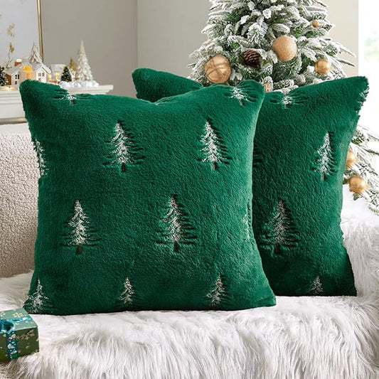 MIULEE Christmas Decorative Pillow Covers Set of 2 Faux Fur Throw Pillows with Embroidered Christmas Tree 18x18 Inch Green White Winter Couch Covers for Festival Sofa Bedroom Living Room Home Decor