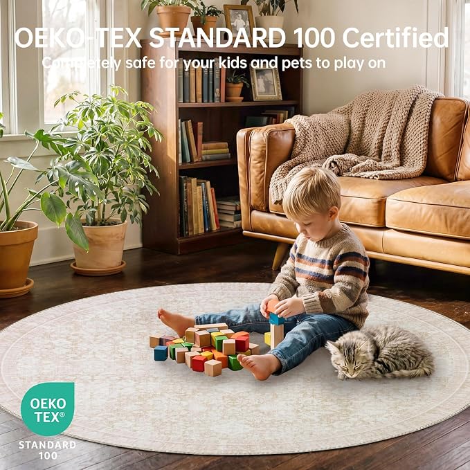 Sasttie Round Rugs 6ft, Ultra-Soft Washable Circle Rug, Low Pile Foldable Thin Carpets with Non-Slip Backing, Skin-Friendly Stain Resistant Carpet for Living Room, Bedroom, Kitchen, Dorm, 6ft, Cream