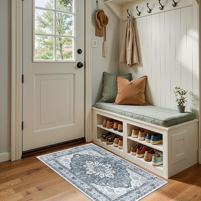 RELEANY Area Rugs 2'x4' Kitchen Rugs Entry Rug Small Rugs for Entryway Kitchen Bathroom Door Mat Indoor Entrance,Washable Non Slip, Light Gray Grey White