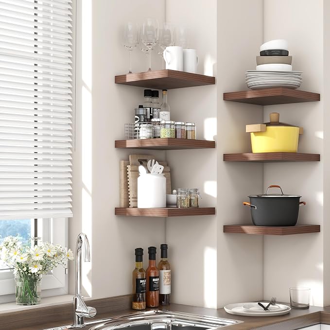 Venusmiles 8"x8" Square Floating Shelves for Wall, Walnut Finish, 3-Pack | Engineered Wood Wall Shelves with Invisible Brackets for Living Room, Bedroom, Bathroom, Office & Kitchen Storage