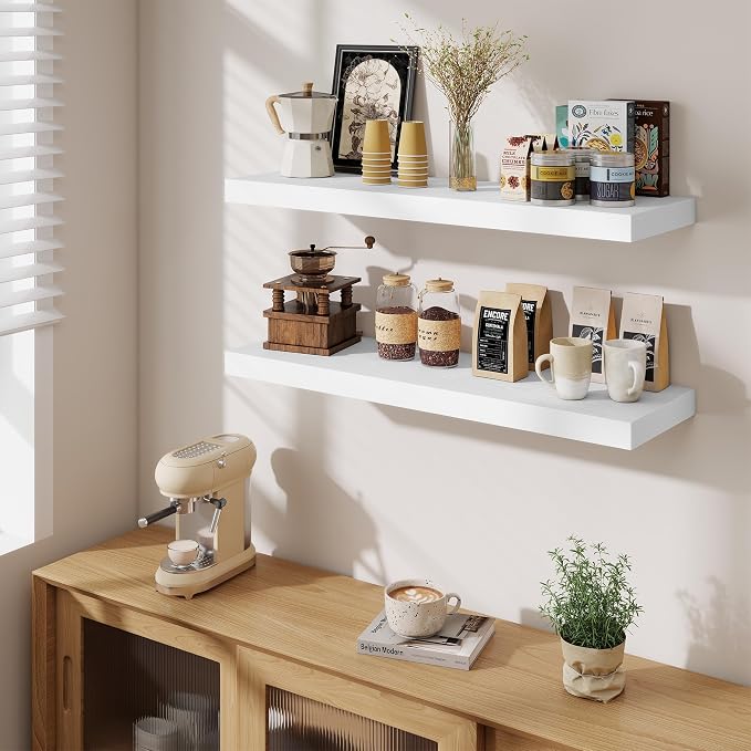 Fun Memories Floating Shelves Set of 3, 36 Inch Long Wooden Wall Shelves, 10 Inch Deep Wall Mounted Storage Shelf with Metal Brackets for Living Room, Bathroom, Bedroom and Kitchen, White