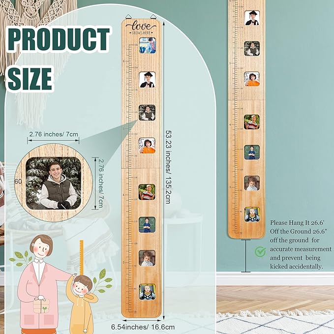 Chunful Wooden Growth Chart for Kids with Picture Frames Height Growth Chart for Wall Foldable Height Measurement Ruler for Boy Girl Teen Bedroom Playroom Nursery Child's Room Wall Decoration