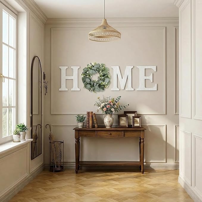 Pinkpum Wood Home Sign with Artificial Eucalyptus Wreath for O, Hanging Farmhouse Wall House Decor Wood Letters for Wall Art Rustic Home Decor, Wall Decor for Living Room Kitchen Entryway (White)