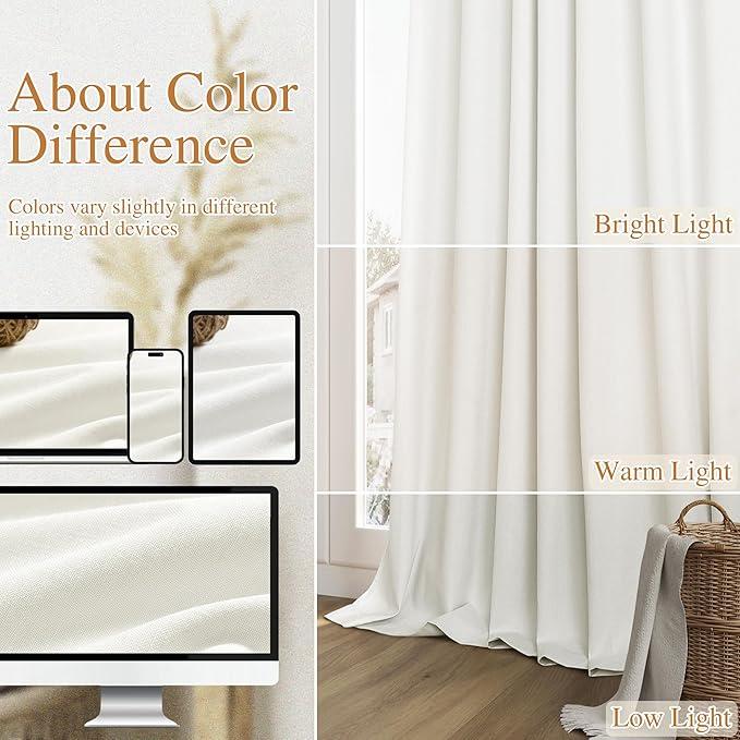 Guken 100% Blackout Linen Curtains 42 Inch Wide by 102 Inch 2 Panels Set for Living Room Bedroom Back Tab Thermal Insulated Black Out Linen Drapes Room Darkening Window Curtains, Ivory