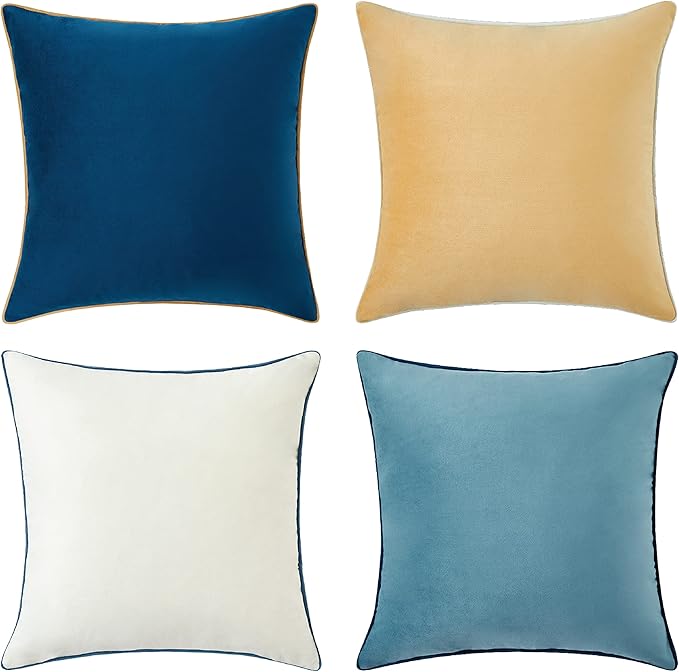 MONDAY MOOSE Decorative Throw Pillow Covers Cushion Cases, Set of 4 Soft Velvet Modern Double-Sided Designs, Mix and Match for Home Decor, Pillow Inserts Not Included (18x18 inch, Blue/Beige)