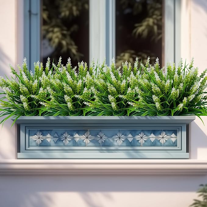 Nigirior Artificial Flowers for Outdoor Plants 24 Bundles Fake Lavender Plastic Faux Monkey Grass for Verandah Window Garden Office Patio Front Porch UV Resistant for Planter(White)