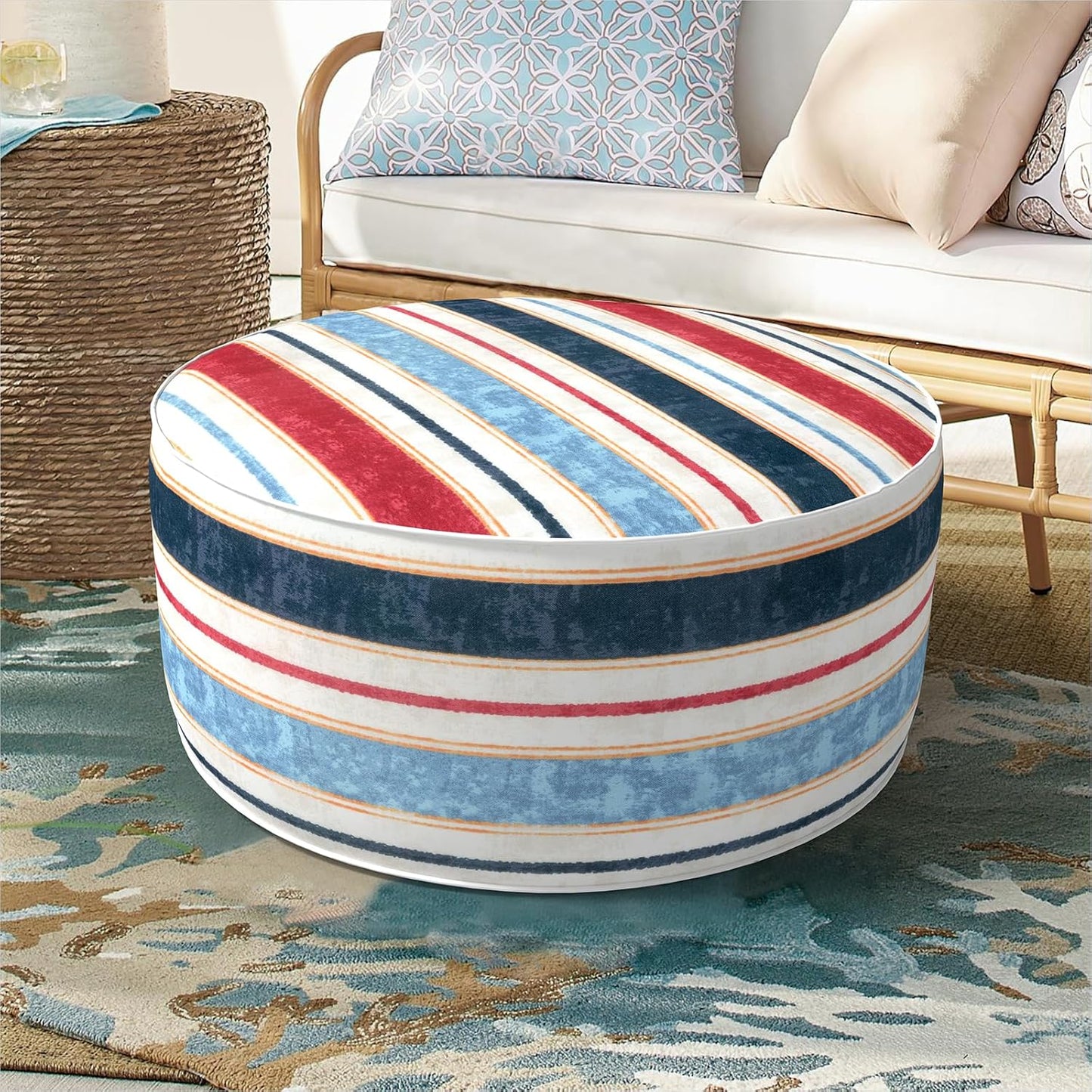 Inflatable Ottoman Stool D21 xH9 for Outdoor/Indoor Use, Water Repellent Patio Foot Rest Stool with Portable Handle,Round Pouf Ottoman Suitable for Garden,Deck and Camping - Stripe Red Blue