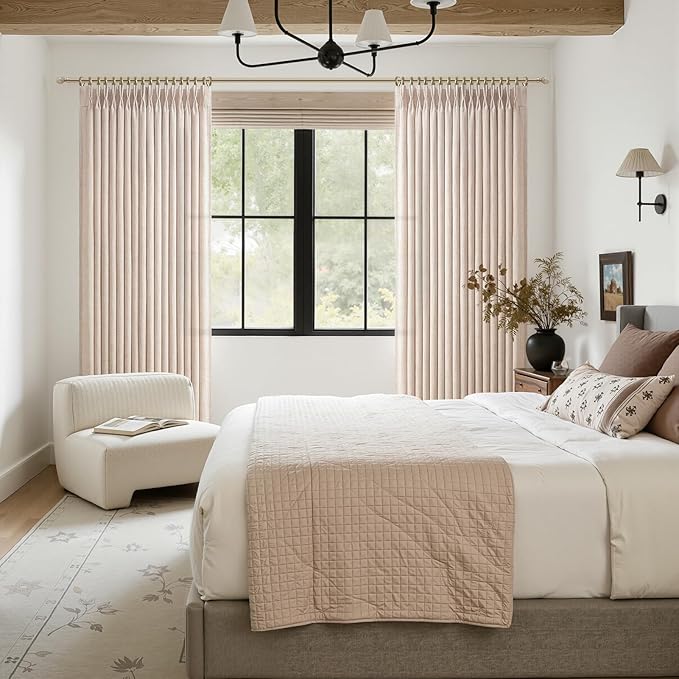 Linen Pleated Semi Sheer Curtains 90 Inches Long 4 Panels Set for Dining Room, Memory Trained Pinch Pleat Light Filtering Cottage Core Window Drapes with Back Tab Non See Through Bedroom Heavy Curtain