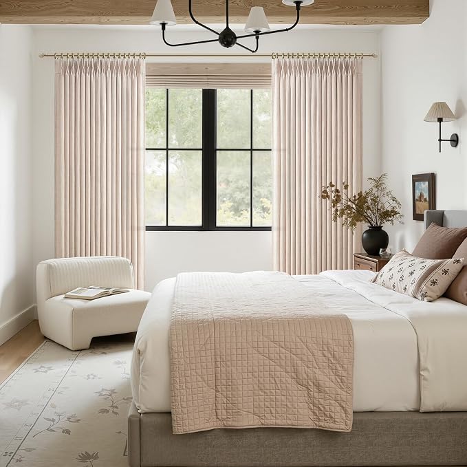 Pinch Pleated Natural Linen Curtains 84 Inches Long for Bedroom 4 Panels Set, Memory Shape Semi Sheer Light Filtering Sliding Door Rustic Drapes Privacy Heavy Windows Curtain Decor with Hooks & Rings