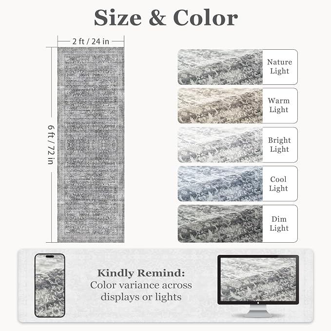 Grey 2x6 Runner Rug for Hallways Entryway, Vintage Neutral Kitchen Bathroom Runner 6ft, Non Slip Washable Low Pile Thin Carpet Runner for Mudroom/Laundry Room/Bedroom Bedside